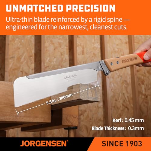 JORGENSEN Japanese Pull Saw, 9.5 Inch Pro Folding Dovetail Saw with Beech Wood Long handle, SK5 Steel Blade Tool-less Quick Change, 21TPI Cross Cut Woodworking Handsaw for Hardwood, Softwood - size: 9.5 Inch