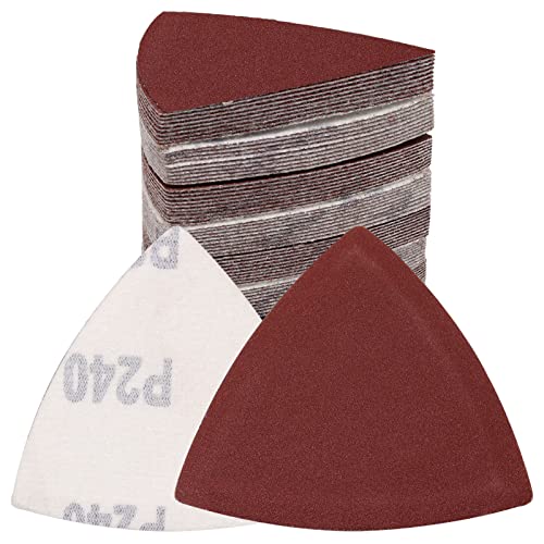 120 Pcs Triangle Sanding Pads, 240 Grits Detail Sander Sandpaper Hook and Loop Sanding Sheet,3-1/8"(80mm) Triangular Sandpaper for 3-1/8" Oscillating Multi Tool, No Holes - size: 240 Grit, style: No Hole