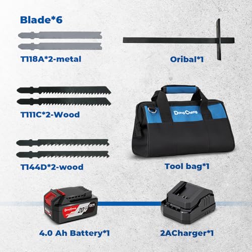 DongCheng 20V Brushless Cordless Jigsaw, 800-3500 SPM Variable Speed, 26mm Stroke, 4-Position Orbital Action, 0-45° Bevel Cut, Cuts Wood, Metal & Aluminum, 4.0Ah Battery, Charger, 6 Blades, Tool Bag - style: Jig Saw