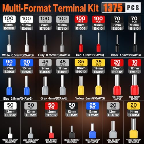 Preciva Ferrule Crimping Tool Kit - AWG 28-5 Hexagonal Ferrule Crimper with Automatic Wire Stripper and 1375Pcs Single/Twin Ferrule Connectors, Self-Adjustable Ratchet Ferrule Terminals Crimping Tool