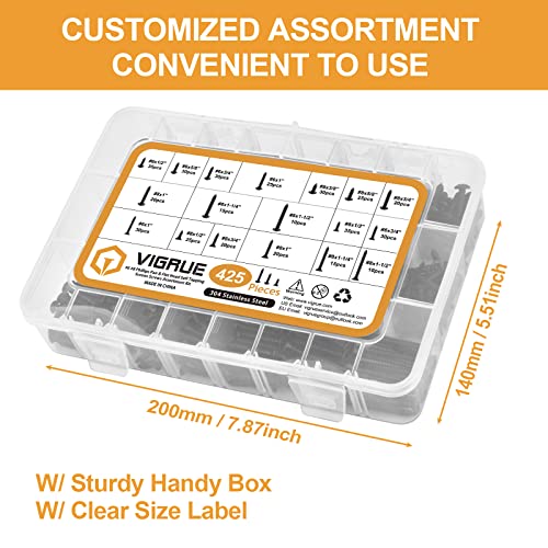 VIGRUE 425PCS #6#8 Black Wood Screw Set, Black Oxide 304 Stainless Steel Phillips Pan and Flat Head Self Tapping Screws Assortment Kit, Length 1/2" to 1-1/2" - style: 425PCS #6#8 Pan Head & Flat Head