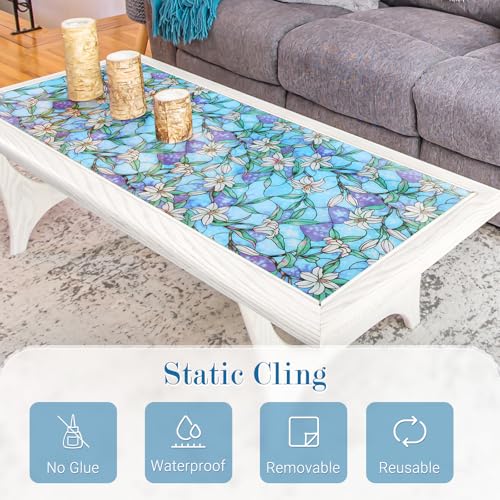 rabbitgoo Stained Glass Window Privacy Film, Blue Lily, 17.5" X 78.7" | Anti UV Heat Blocking Frosted Glass Static Cling Removable, for Bathroom, Bedroom, Living Room - color: Blue Lily, size: 17.5" x 78.7"