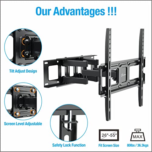 Dual Articulating Arms TV Wall Mount Bracket fits to Most 26”-70” inch LED,LCD,OLED Flat Panel TVs, Tilt Full Motion Swivel 14.1" Extension, Max VESA 400X400mm,80lbs,Fits 12/16" Wood Stud by EVERVIEW