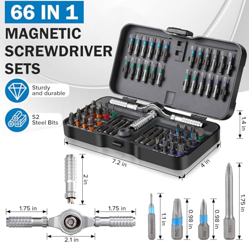 66 in 1 Magnetic Screwdriver, Ratchet Screwdriver Set, S2 Steel Bits with Ratchet T Handle Multi-Bit Tool Set for Furniture Assembly, Appliance Repair