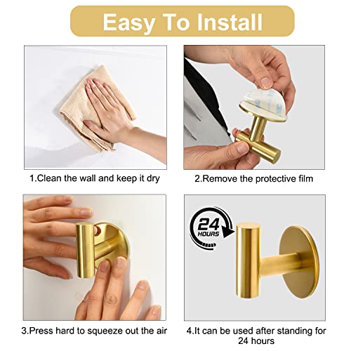 Vuzvuv Brushed Gold Self Adhesive Stainless Steel Towel Hooks (4-Pack) | SUS304, Self-Adhesive, Heavy Duty, Waterproof, Coat Robe Wall Hook for Bathrooms Kitchen Hotel - color: Gold-4 Pcs