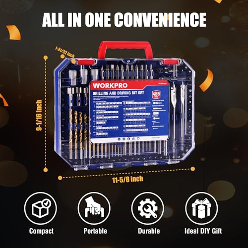 WORKPRO Drill Bit Set, 455Pcs Drill Bits and Screwdriver Bit Set w/Screws