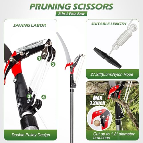 Walensee Pole Saws for Tree Trimming, Extendable Tree Pruner,Manual Branch Timmer with Blade and Scissors High Branches Pruning Fiberglass Pole Pruner and Cutter Garden Tool with Storage Bag 7.2-27FT - size: 27 FT