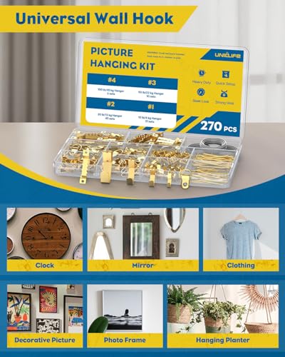Uniclife 270 Pcs Heavy Duty Picture Hanging Kit, 10 lb, 30 lb, 50 lb, 100 lb Picture Hanging Hooks with Nails, D Ring Picture Hangers Sawtooth Picture Hangers & Picture Hanging Wires with Screws - size: 270 Pcs, style: Gold