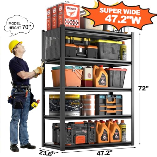Metal Garage Shelving Unit, Heavy Duty Adjustable Industrial Storage Shelves, Steel Storage Rack for Garage, Warehouse, Basement, Black, 72" H x 47.2" W x 23.6" D, 1 Pack - size: 72"H x 47.2"W x 23.6"D