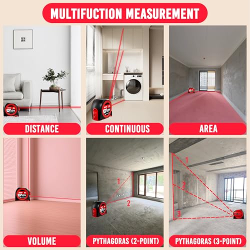 SENDA 3-in-1 Laser Tape Measure - 197Ft Rechargeable Laser Measuring Tape with Led Display & 16Ft Measuring Tool with Magnetic Hook & Auto Lock -20 Data Sets,Pythagorean/Area/Volume,Ft/Ft+in/in/M Unit - color: Red(USB-C Charge), size: 197 FT