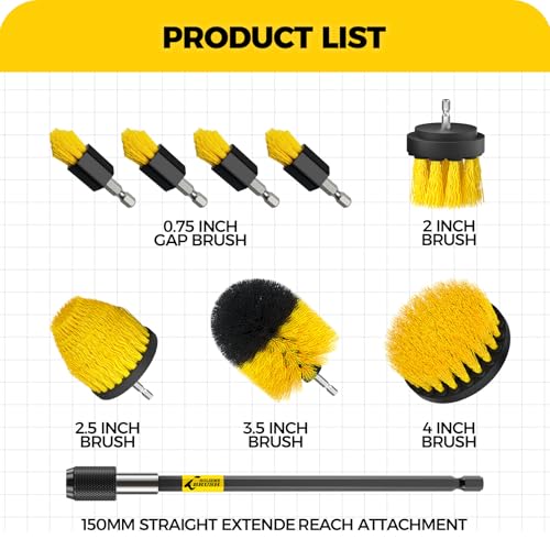 Holikme 9Pack Drill Brush Attachments Set，Power Scrubber Kit for Clean | 8 Nylon Scrub Brushes,1 Extend Long Attachment, Tile, Tub, Shower, Floors, Kitchen and Auto Interior Care,Yellow