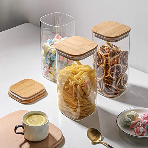ComSaf Glass Storage Containers with Lids 1.6 Qt, Set of 3 Food Storage Jar | Square Kitchen Canisters, Glass Pantry Jars, Pantry Organizers, Dry Food Storage, Tea, Oat, Spice, Coffee, Cereal, BPA Free - size: 1.6Qt*3