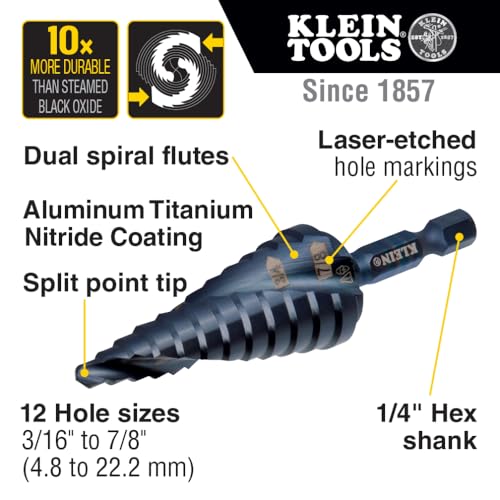Klein Tools QRST14 Step Drill Bit, Quick Release, Spiral Double-Fluted, 3/16 to 7/8-Inch, Hex Shank, Cut Steel, Wood, Plastic, Aluminum - size: 3/16 to 7/8-Inch, style: Quick Release