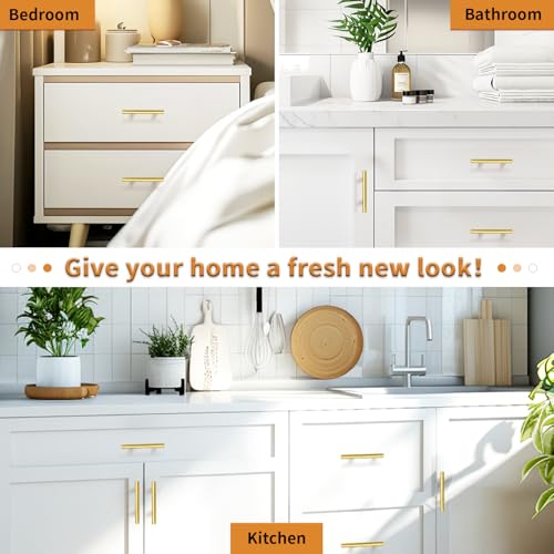 Probrico 30 Pack 3-3/4 Inch Center-to-Center Kitchen Cabinet Pulls T Bar Gold Cabinet Handles Modern Drawer Hardware Dresser Pulls, 6 Inch Total Length - color: Gold, size: hole center 3-3/4"