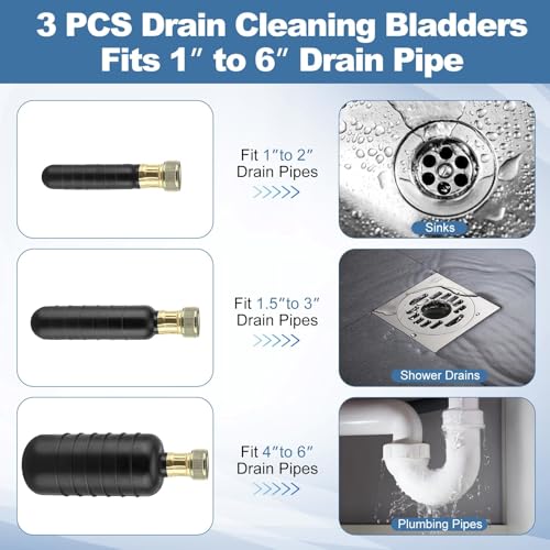 3 PCS Drain Bladder Kit, Drain Cleaning Bladder Unclogger Fits 1" to 6" Drain Pipes for Unclogs Stubborn Blockages in Kitchen Sinks and Main Drains for Shower, Swimming Pool With Water Power