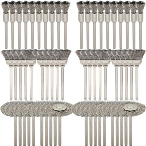 60-Piece Wire Brush Set - Metal Rust Removal, Polishing, Cleaning - Shaft 1/8″ (3mm) - Removes Burrs, Dust, and Oxide Layer - Handles Rough Surfaces - Designed for Industrial and DIY Enthusiasts - style: Set of 60 Wire Brushes