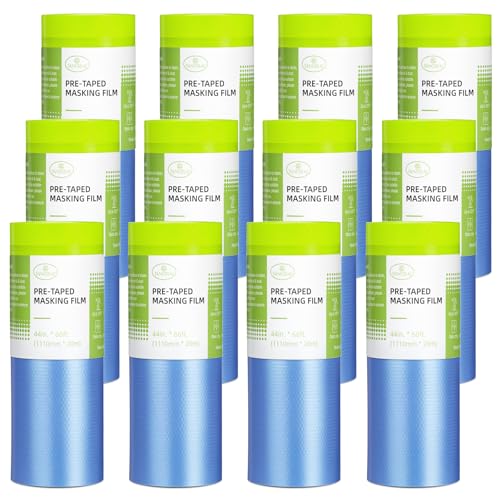 Tangibay Pre-Taped Masking Film for Painting - 44" x 66' Painters Plastic Sheeting with Automotive Paint Tape and Drape for Covering Cars, Walls, Windows and Furniture Protection (12 Rolls) - size: 12 Rolls: 44"