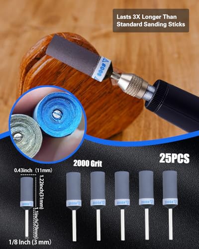 2000 Grit Sanding Drums for Dremel Rotary Tools Accessories, 25PCS Sanding Bits Kit for Dremel Sanding Bands with 1/8 inch Shank, Sandpaper Sticks Set for Plastic Wood Metal Grinding Polishing - style: 2000 Grit 25PCS