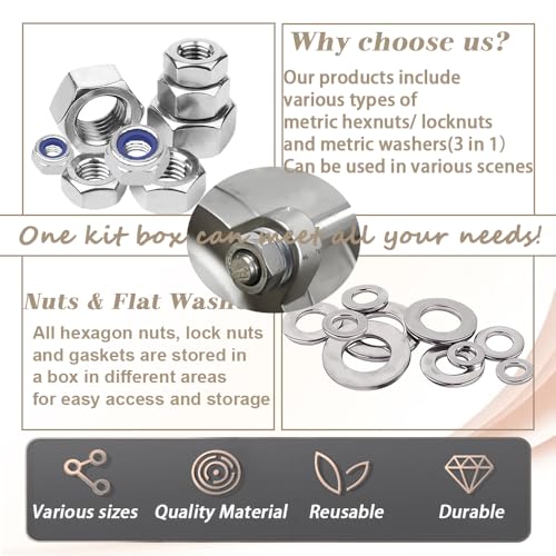 Dianrui 252PCS Metric Hexnut & Locknuts Assortment Kit with Flat Washer, Nuts and Washers Set 304 Stainless Steel (M3/ M4/ M5/ M6/ M8/ M10/ M12) Hardware Nuts-7 Sizes - size: 252PCS Metric Hex&Lock Kit