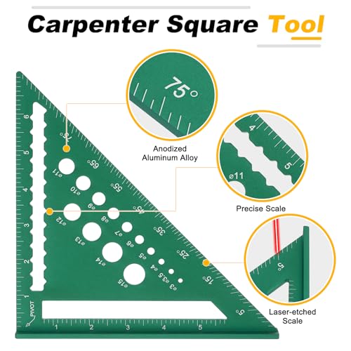 HARFINGTON Metal Square Ruler 7" Aluminum Alloy Carpenter Square Imperial Woodworking Rafter Square Precision Scribing Tools with Rafter Conversion Table for Measuring and Marking, Green - color: Green, style: Imperial