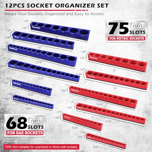 SEDY 12-Piece 1/4" 3/8" 1/2"-Drive SAE & Metric Magnetic Socket Organizer Set (Holds 143 Sockets) -Detachable Tool Tray with 5mm Magnetic Base for Garage/Home(Sockets Not Included) - style: 12-Piece Modular Trays (Holds 143)