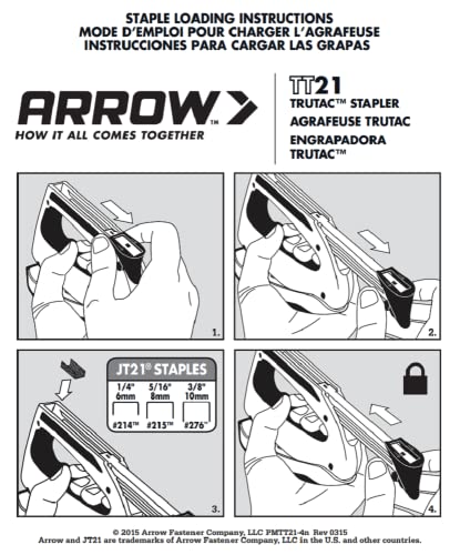 Arrow TT21 TruTac Forward Action Staple Gun, Manual Push Stapler for Upholstery, Crafts, Decorating, and Repairs, Fits JT21 Thin Wire Staples | Staple-Viewing Window, Bottom-Load Magazine, Fits JT21 1/4", 5/16" & 3/8" Staples, For Upholstery, Crafts, Deco