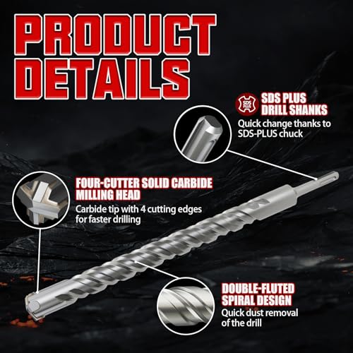 CSOOM SDS Plus Rotary Hammer Drill Bit 1"x12.2", Professional Concrete Drill Bit for Concrete, Brick, Stone and Cement Walls - size: 1"x12.2"