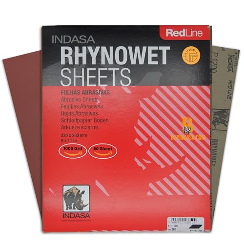 Indasa 50 PCS Redline Full Sheets 9"x11" Wet & Dry Sanding Sheets Series 6 – Rhynowet – 1000-Grit – Waterproof Latex Backing - size: 1000-Grit 9"x11"