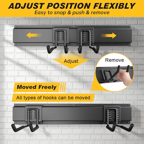 99 Inches Garage Storage, UUP Garage Organization, Wall Mount Garden Tool Organizer, Max 1000lbs Adjustable Metal Hook, Yard Shed Hanging Utility Rack, Heavy Duty Shelving for Rake Broom Mop Snowboard - size: 99" Alloy Steel with 6 Panels & 14 Hooks
