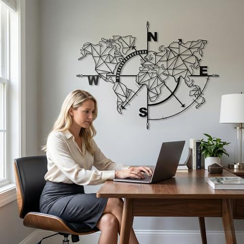 DEKADRON Metal World Map Compass Wall Art Metallic Sign Decoration (39" × 28" / 98x75cm) - size: 39"L x 28"W