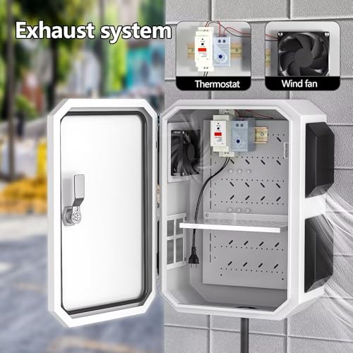 Outdoor Electrical Box with Thermostat and Fan, Cold-Rolled Steel Plate, Aluminum Alloy Back Beam, One-Piece Ventilation Design, IP65 Waterproof, Wall/Pole Mounted. (17.7" x 13.8" x 7.9") - size: 17.7" x 13.8" x 7.9"