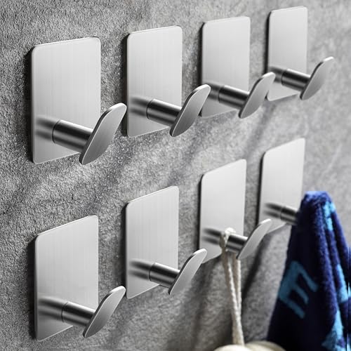 DELITON Towel Hooks for Bathrooms - 8 Pack Adhesive Wall Hooks for Hanging Robe Coat Stick on Hook No Damage SUS 304 Stainless Steel, Silver - color: Silver-8