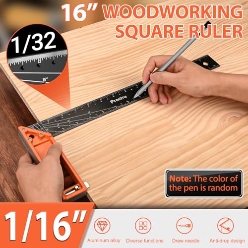 16” Woodworking Square Ruler - Preciva 1/16” Scale Right Angle Ruler Carpenter Square Layout Tool, Retractable Edge Support and Multi-Angle Scribe Mark, Includes Carpentry Pencil - style: 16 IN