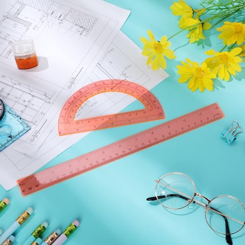Zonon 2 Pcs 12 Inch Clear Ruler and 6 Inch Plastic Protractor Set, Orange - color: Orange
