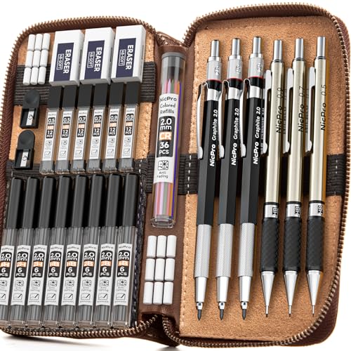 Nicpro 30PCS Art Mechanical Pencil Set in Leather Case - color: Black