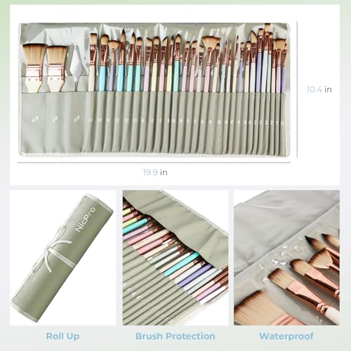 Nicpro 30pcs Paint Brush Set, Aesthetic Pastel Paintbrushes with Paint Spatula and Cloth Roll, Craft Paint Brushes for Acrylic Painting Oil Watercolor Gouache, Art Supplies for Women Artists Beginners - color: Pastel