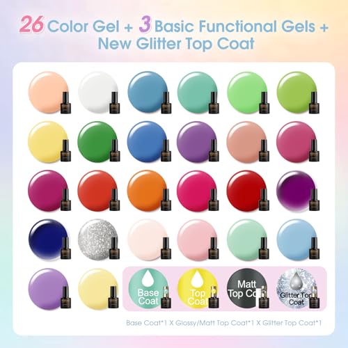 ROSALIND 30PCS Pastel Gel Nail Polish Set,26 Bright Colors Gel Polish | with Base Gel Top Coat (Glossy Matte and Glitter),Pastel Summer Nail Gel Polish, Soak Off U V Manicure Rainbow for Women - color: Neon bright colors