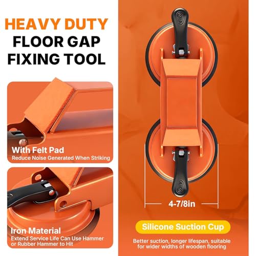 Floor Gap Fixer Tool Kit for Laminate and Vinyl Plank, Heavy Duty Double Suction Cup Floor Gap Closer with Non-Marring Rubber Mallet, Sticky Pads, Seam Knife - Complete DIY Home Flooring Repair Set