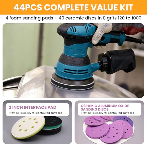 5 Inch Sander Foam Pad (4Pcs) + Ceramic Sanding Discs 80-1000 Grit (40Pcs)