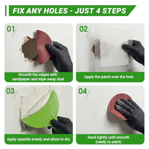 12 x 12 Inch Drywall Repair Kit – 4 Pcs Large Drywall Patch for Wall & Ceiling Holes, Heavy-Duty Aluminum Self-Adhesive Mesh, Includes Plastic Drop Cloths, Scrapers, Sandpaper & Gloves - Quick Fix