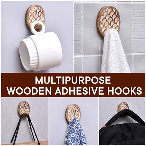 Indian Shelf 6 Piece Wooden Adhesive Wall Hooks for Keys, Bags and Hats - color: Brown Style 4