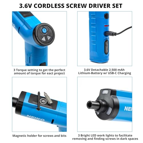 NEIKO 10580A Electric Screwdriver, 34pc Rechargeable Cordless Screwdriver Set, 1/4” Hex Shank 3.6V Lithium Ion Power Screwdriver, 3 LED Lights, USB C Charger Included, Mini Screw Driver - style: Electric Screwdriver
