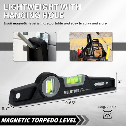 MELOTOUGH 10 Inch Die-Cast Magnetic Torpedo Level,Magnetic Level for Carpenter,Construction,Scaffolding, Plumbing Torpedo Level with Rare Earth Magnet,Pencil and Holster,Black,2PCS - color: Black-2pcs