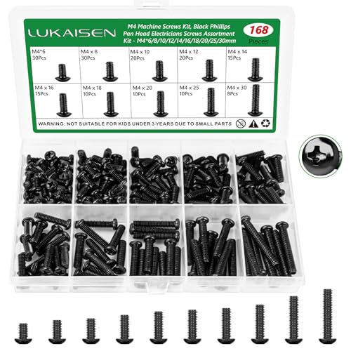 168 Pcs M4 Phillips Pan Head Machine Screws Kit for Switch Boxes | 10 Metric Sizes (M4 x 6mm to 30mm), Carbon Steel Black Screws for Wall Socket Outlets & Faceplates, Clear Label Storage Box - size: 168Pcs M4*6/8/10/12/14/16/18/20/25/30mm-Pan
