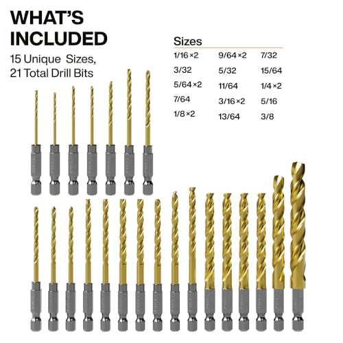 Klein Tools 53621 21-Piece Titanium Drill Bit Set, Impact-Rated, 1/4-Inch Hex Shank, Cuts Metal, Plastic, Wood, 15 Unique Sizes - size: 21-Piece Drill Bit Set