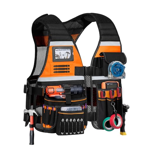 Electrician Tool Vest for Men, Carpenter Safety Work Vest - color: Orange
