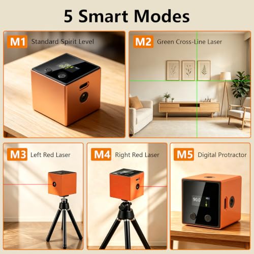 5-in-1 Digital Laser Level with Tripod, Magnetic Base & USB Rechargeable, Mini Angle Finder & Protractor, ±0.1° High Precision Cross Line Laser, Green/Red Beam for Picture Hanging,Tiling & DIY - color: Orange