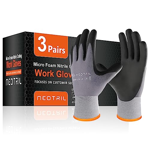 NEOTRIL Safety Work Gloves MicroFoam Nitrile Coated-3/6/12/36 Pairs,Breathable Nylon Working Gloves for Men Women - color: 3 Pairs/ Grey