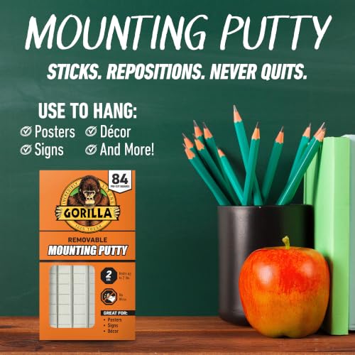 Gorilla Removable Mounting Putty Reusable & Repositionable Adhesive 84 Count Pre-Cut Squares (Pack of 3) Holds 2 lbs Back to School Supplies for Teachers Students Parents, Indoor Outdoor - size: 252 Squares