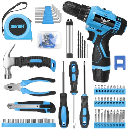JENABOM 146-Piece Home Tool Set with 12V Blue Cordless Drill - color: Blue